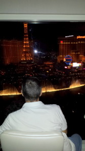 Hubby enjoys bellagio fountain from our room window